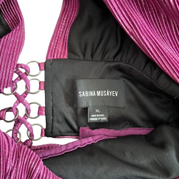 Sabina Musayev Judith Metallic Plunge Neck Pleated Layered Gown Purple Size XL - Picture 14 of 16